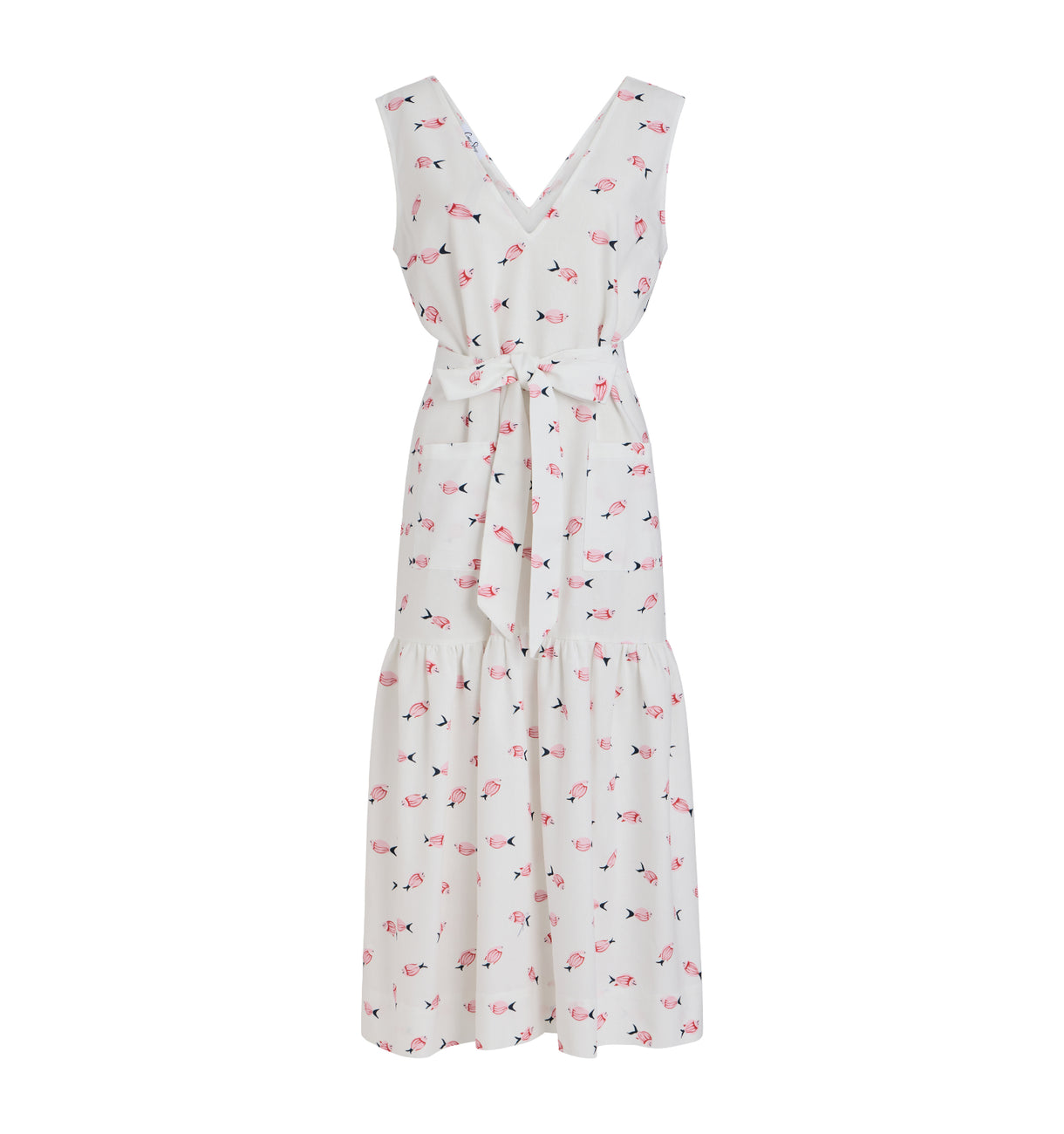 V-Neck Shift Dress with Belt in Vintage Pink Fish