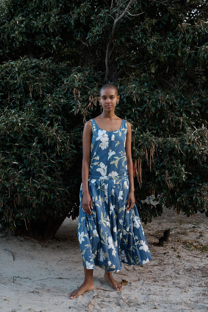 Drop-Waist Dress in Navy Hibiscus