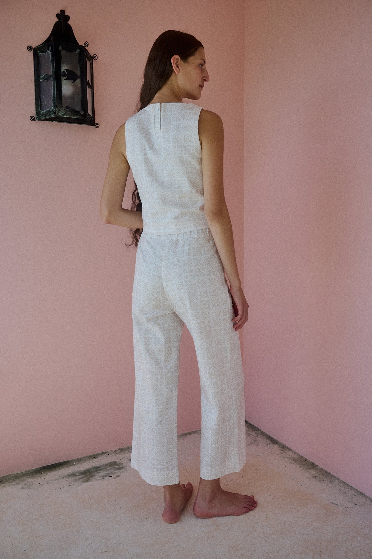 High-Waisted, Wide-Leg Pants in Beige Checkerboard