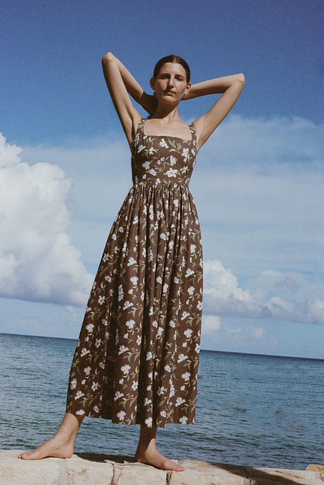 Scoop Neck Dress in Brown Hibiscus