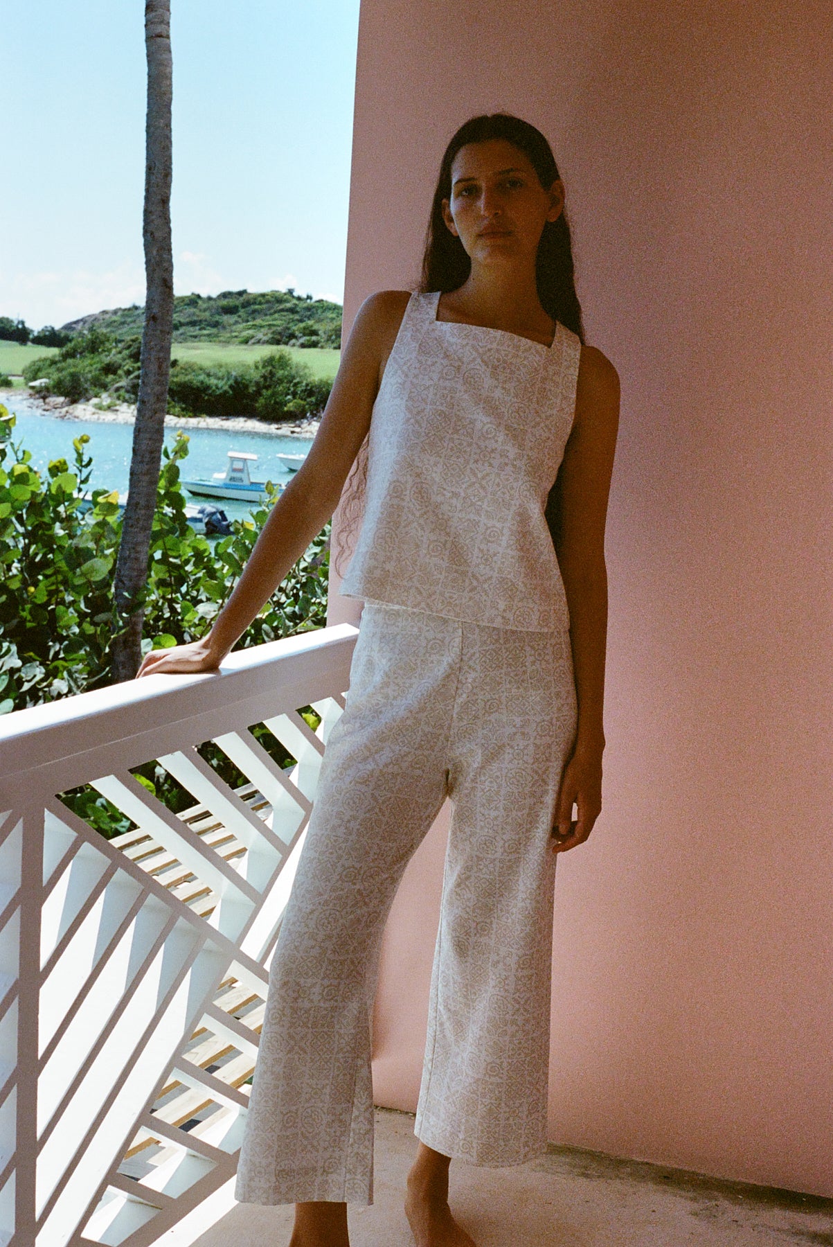 High-Waisted, Wide-Leg Pants in Beige Checkerboard
