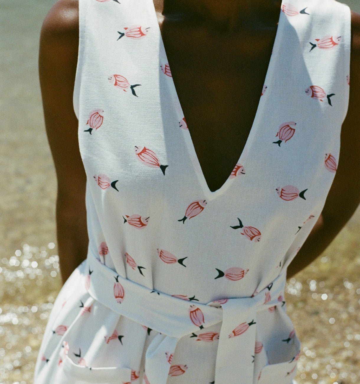 V-Neck Shift Dress with Belt in Vintage Pink Fish