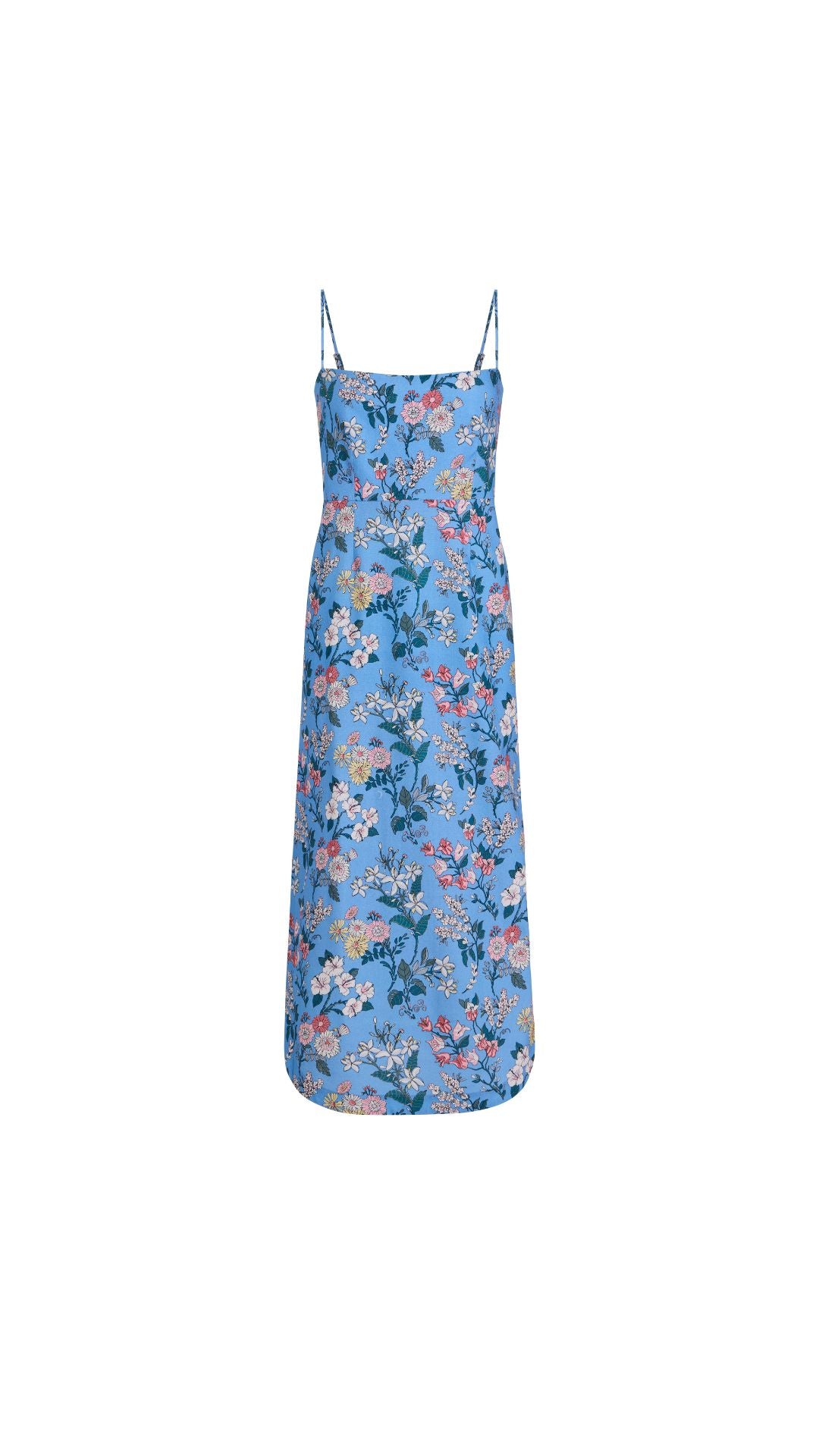 SAMPLE: Curved-Hem Midi Dress in Blue Multi Floral