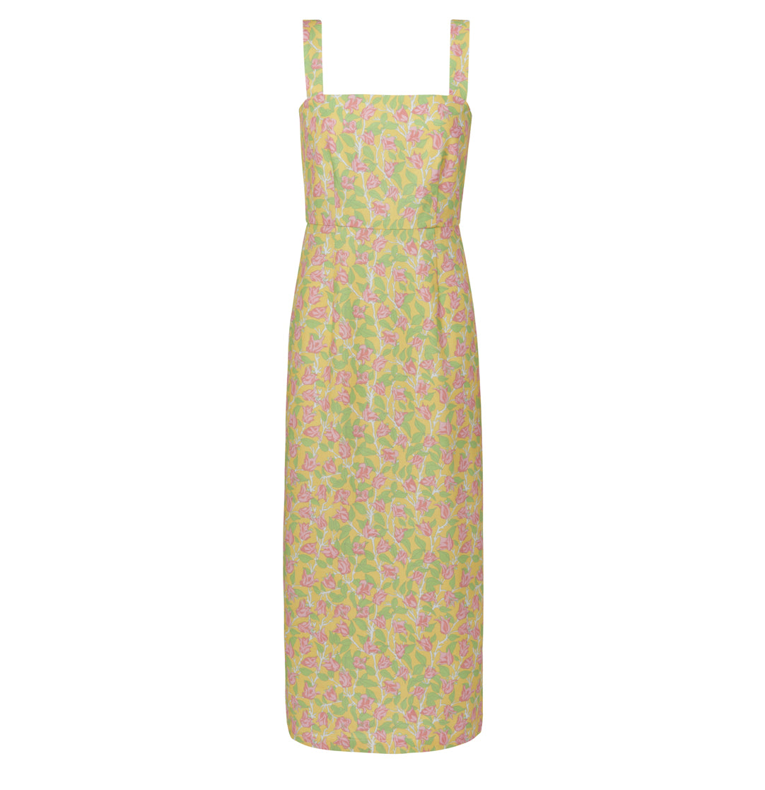 Long Slip Dress in Yellow with Pink Bougainvillea