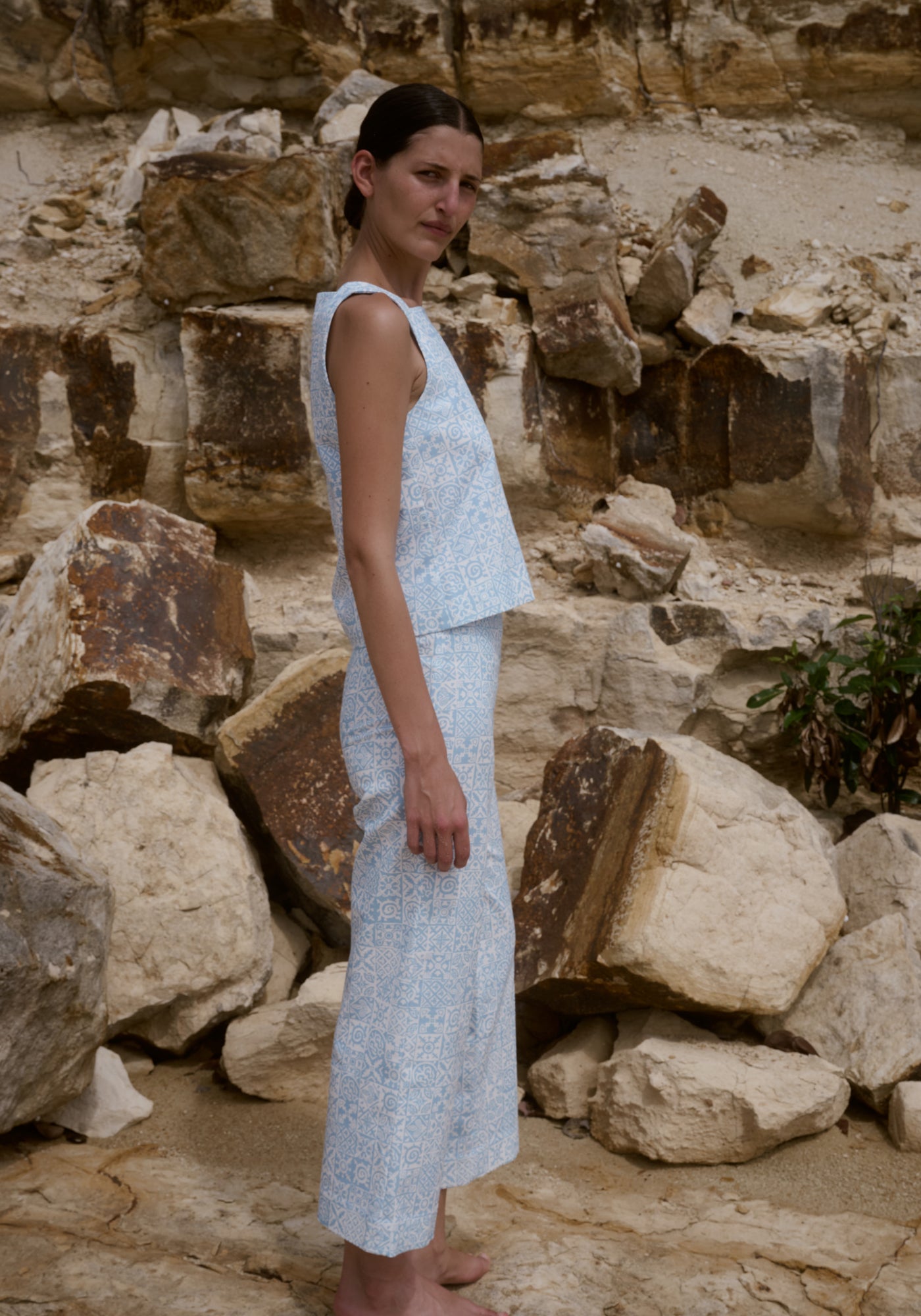 High-Waisted, Wide-Leg Pants in Blue Checkerboard