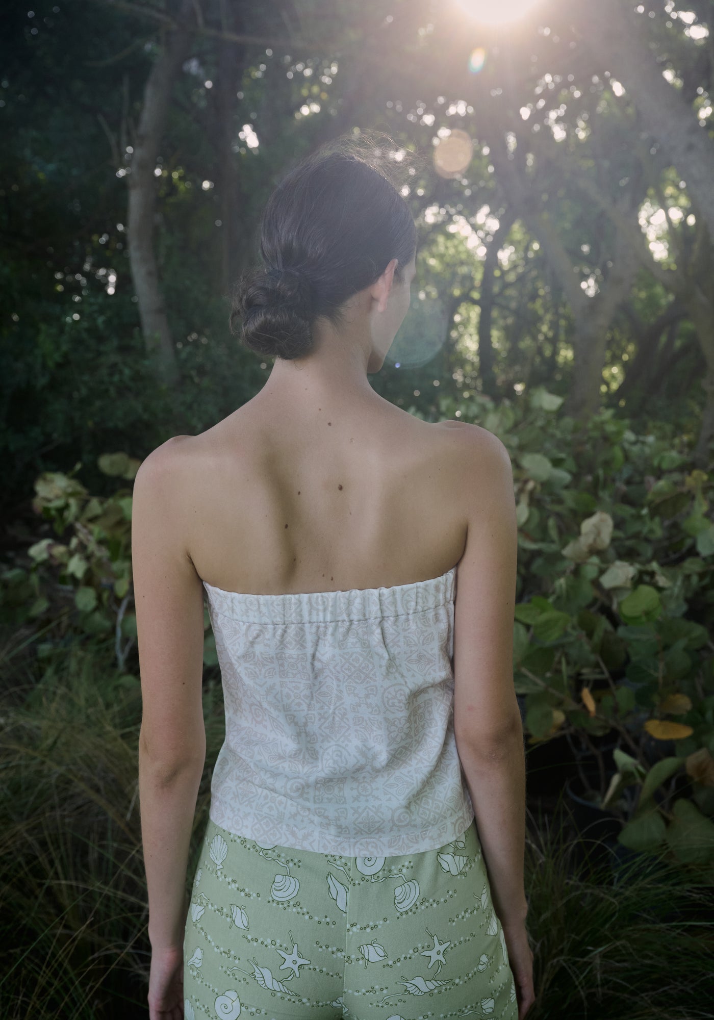 Strapless Top in White with Beige Checkerboard