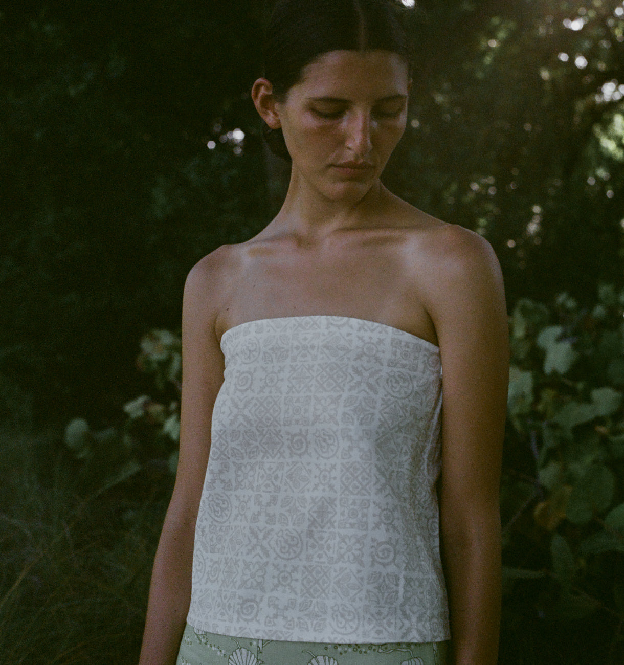 Strapless Top in White with Beige Checkerboard