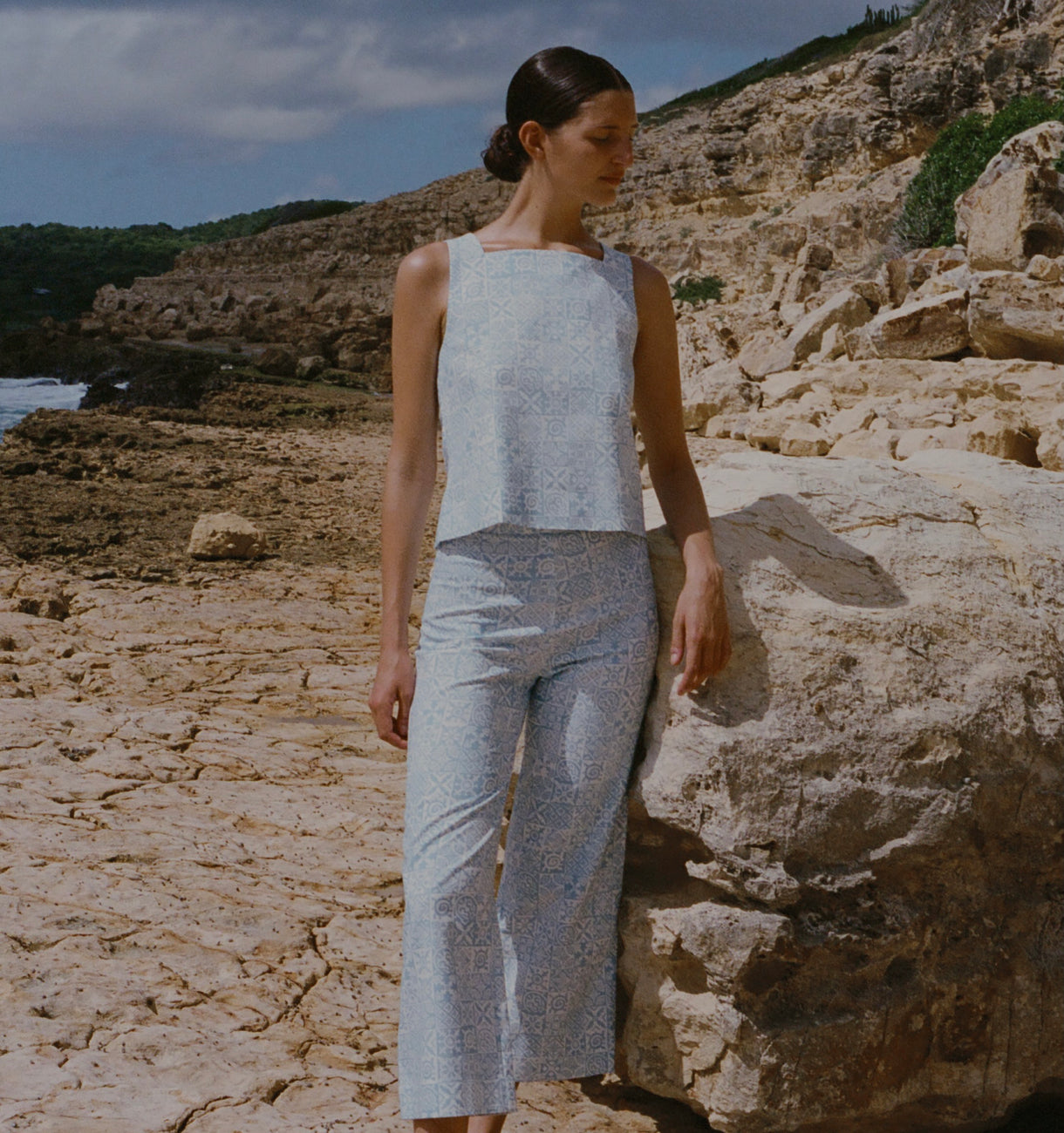 High-Waisted, Wide-Leg Pants in Blue Checkerboard