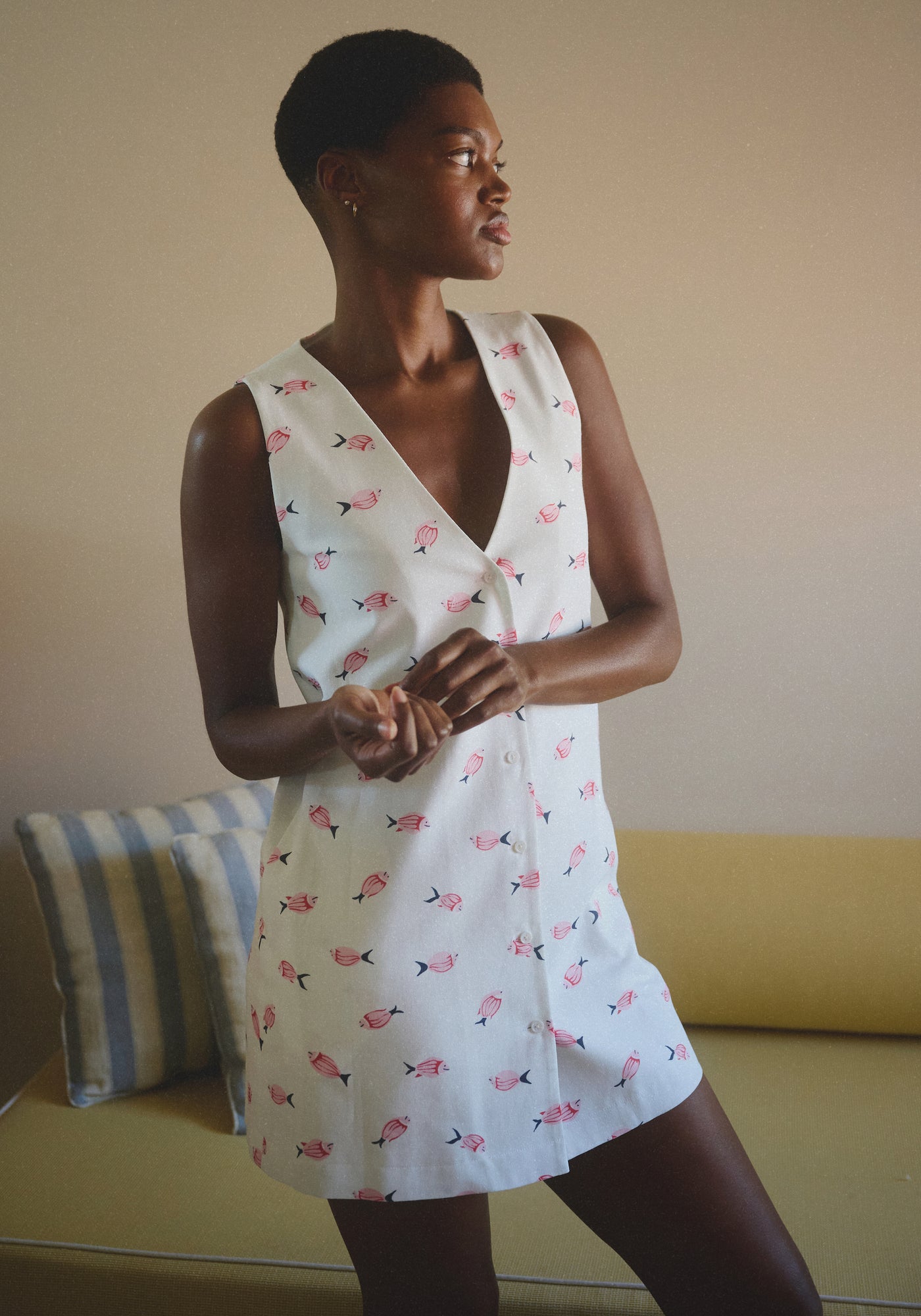 V-Neck Mini Dress in Vintage Pink Fish