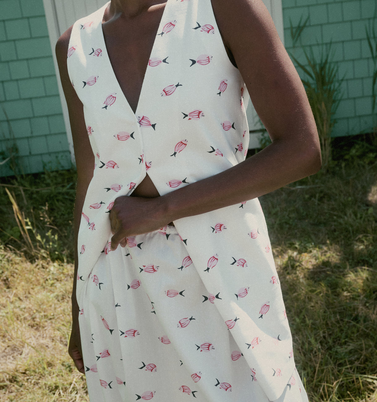 V-Neck Mini Dress in Vintage Pink Fish