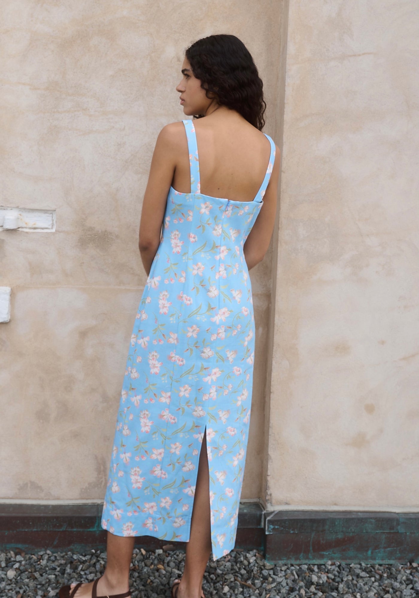 High-Neck Midi Dress in Blue Hibiscus
