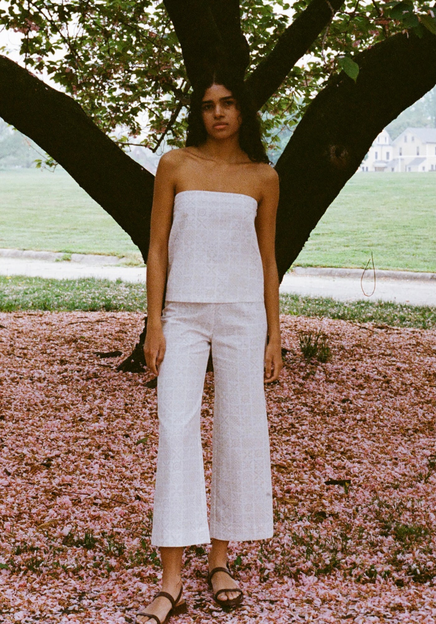 Strapless Top in White with Beige Checkerboard