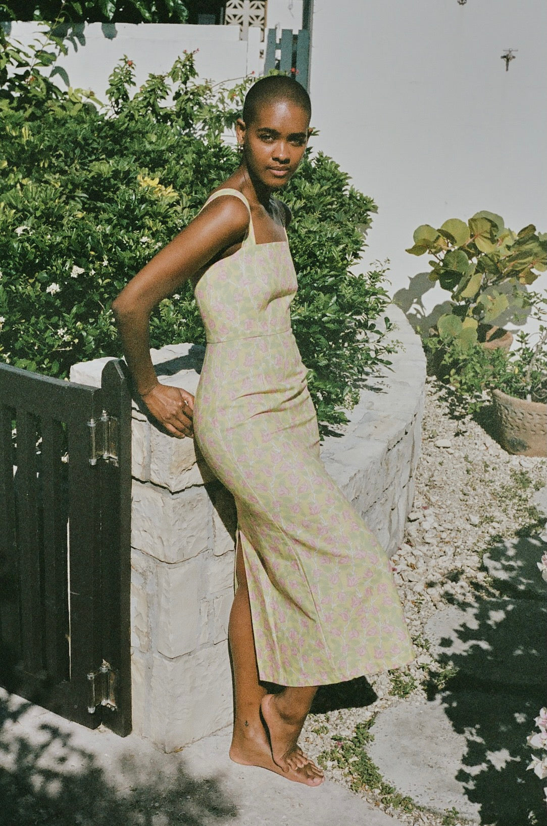 Long Slip Dress in Yellow with Pink Bougainvillea