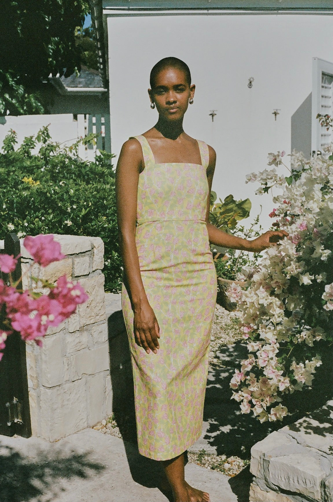Long Slip Dress in Yellow with Pink Bougainvillea