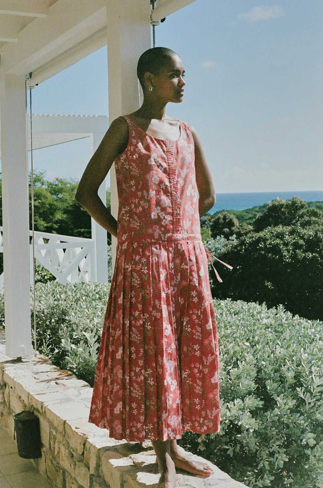 Drop Waist Dress in Red with Pink Floral