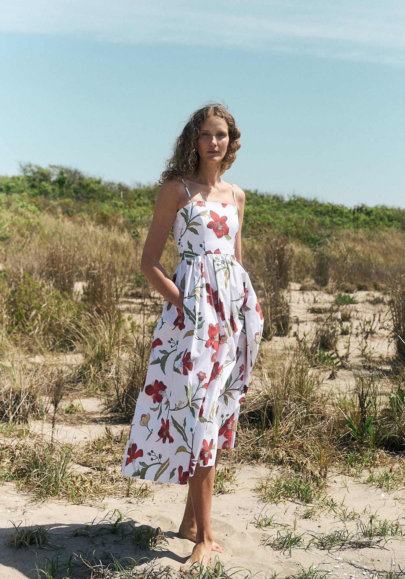 Skinny-Strap Poof Dress in Red Hibiscus