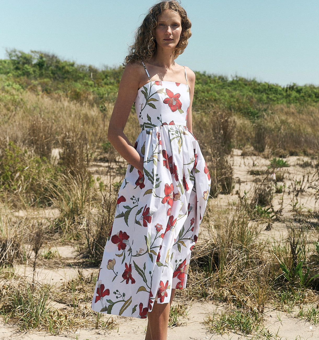 Skinny-Strap Poof Dress in Red Hibiscus