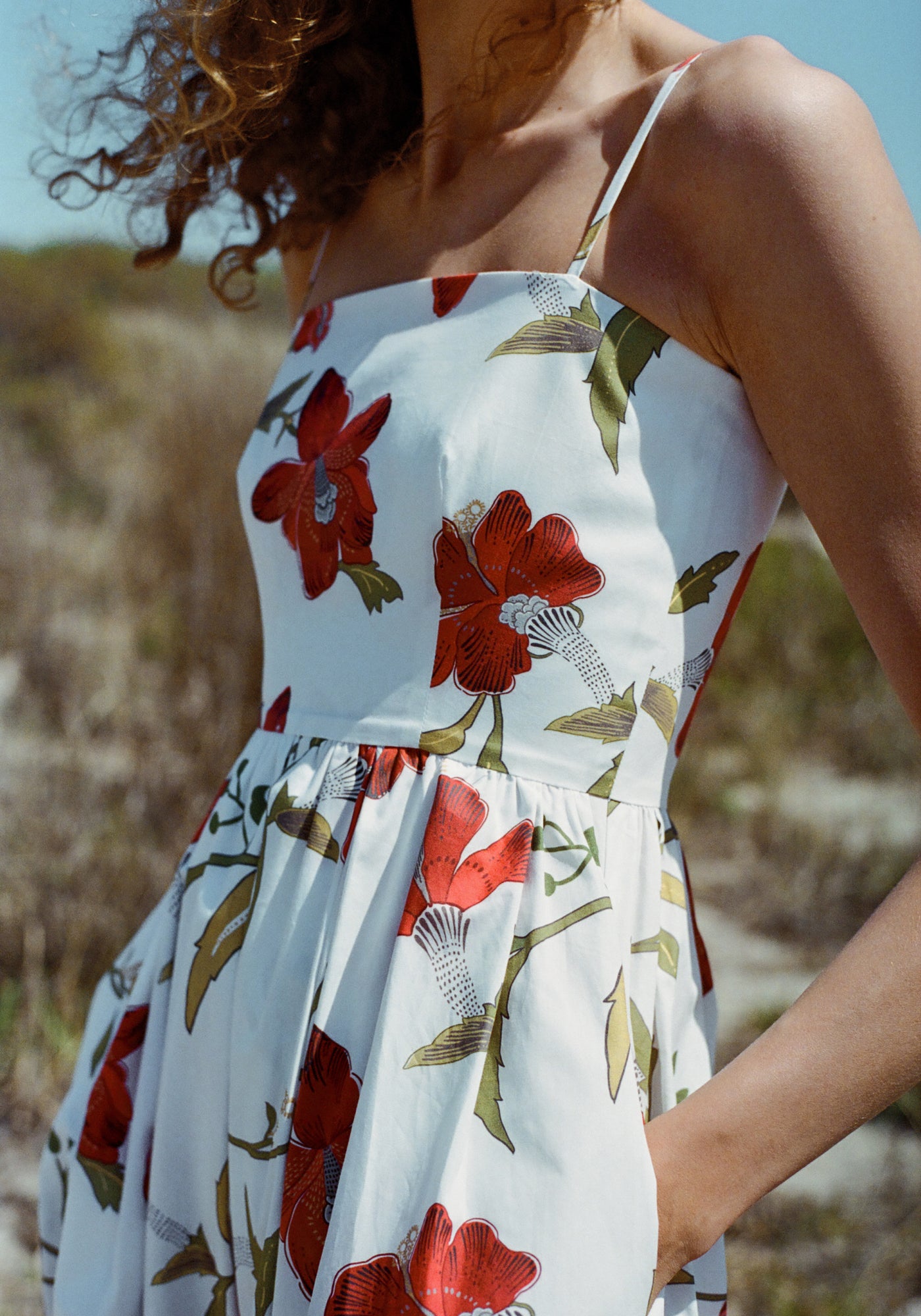 Skinny-Strap Poof Dress in Red Hibiscus