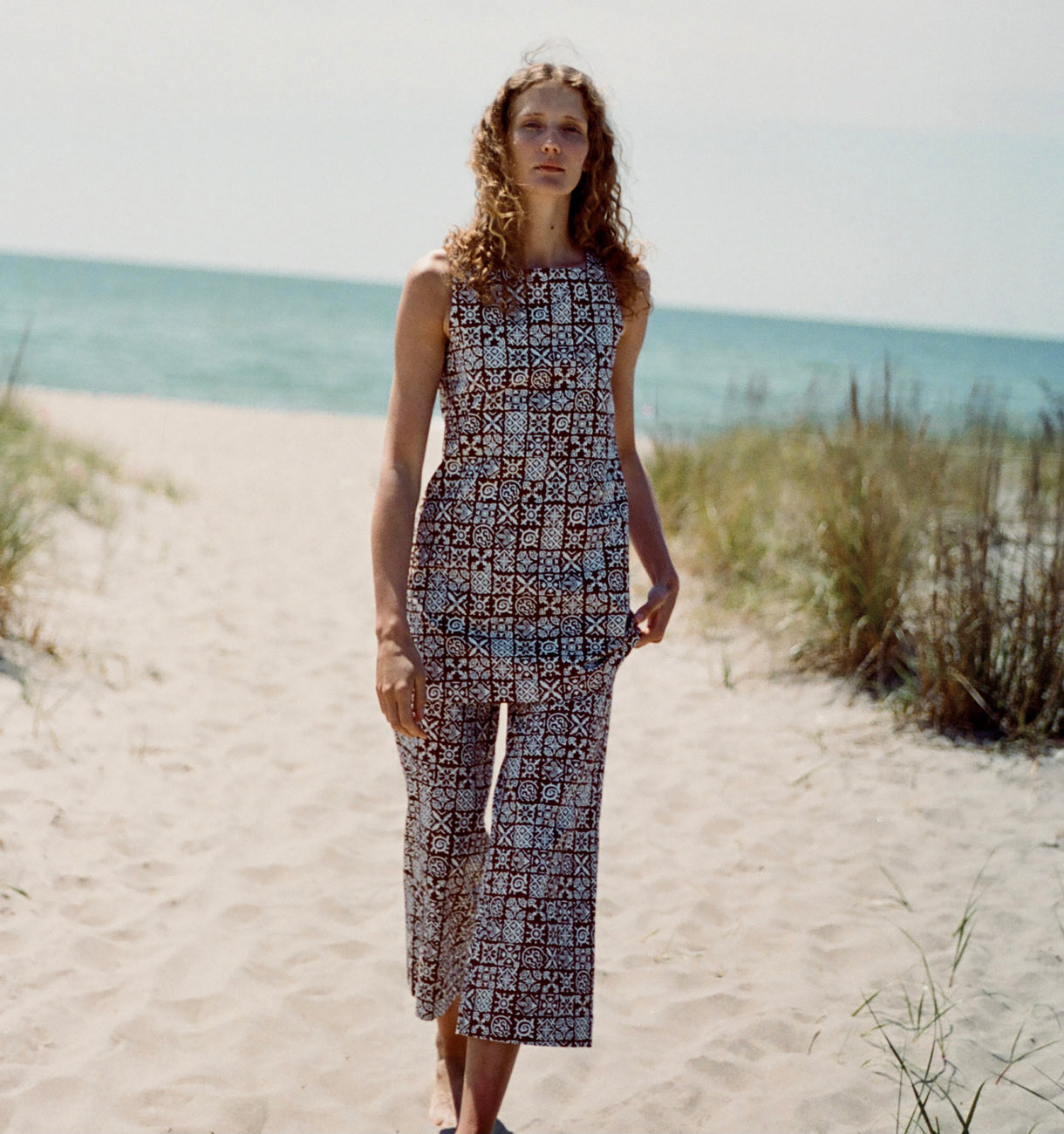 High-Waisted, Wide-Leg Pants in Brown Checkerboard