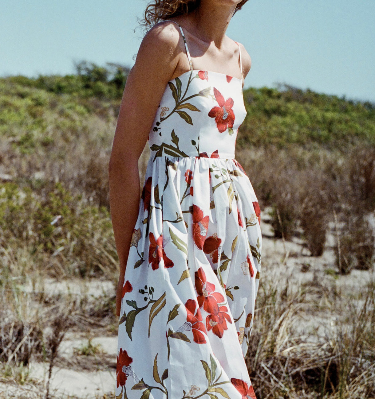 Skinny-Strap Poof Dress in Red Hibiscus
