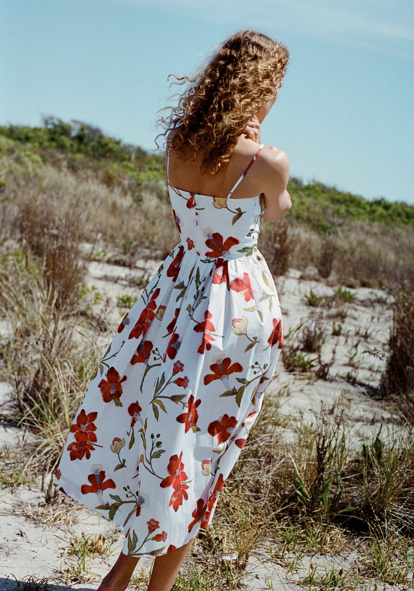 Skinny-Strap Poof Dress in Red Hibiscus
