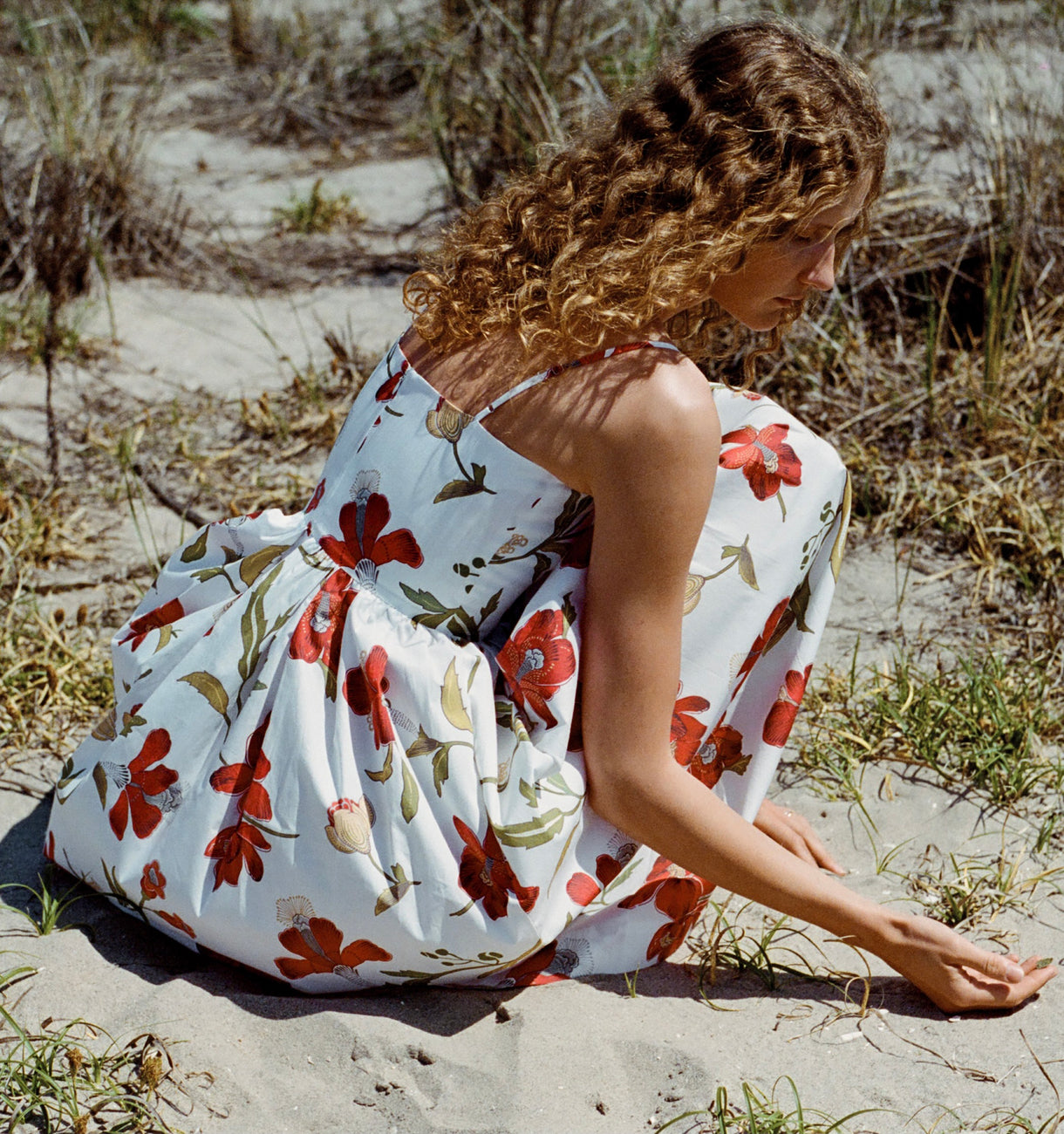 Skinny-Strap Poof Dress in Red Hibiscus