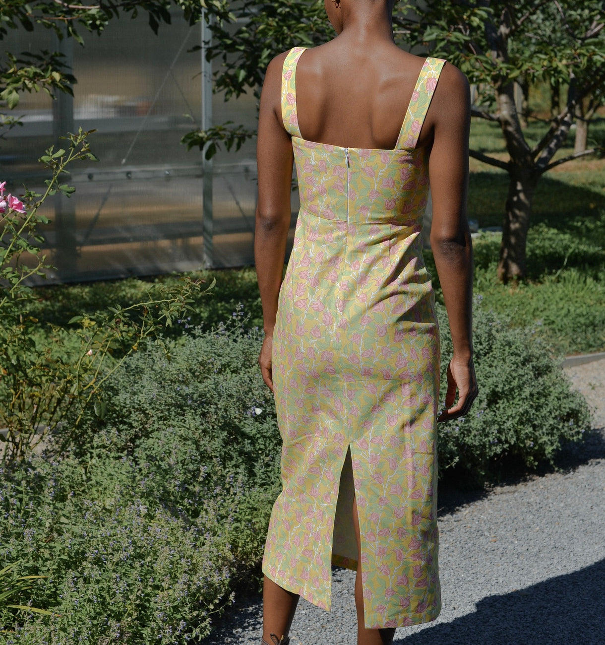Long Slip Dress in Yellow with Pink Bougainvillea