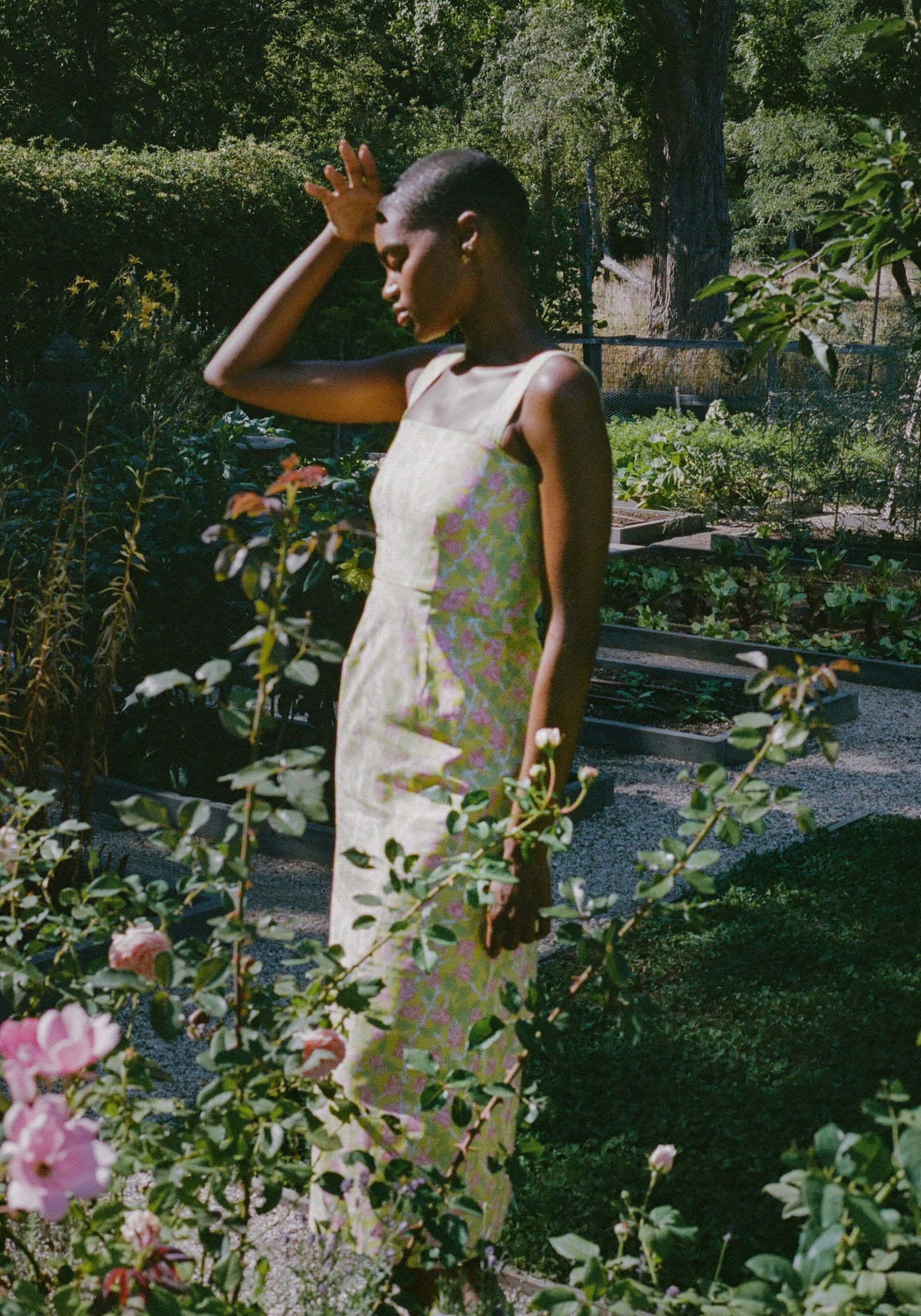Long Slip Dress in Yellow with Pink Bougainvillea