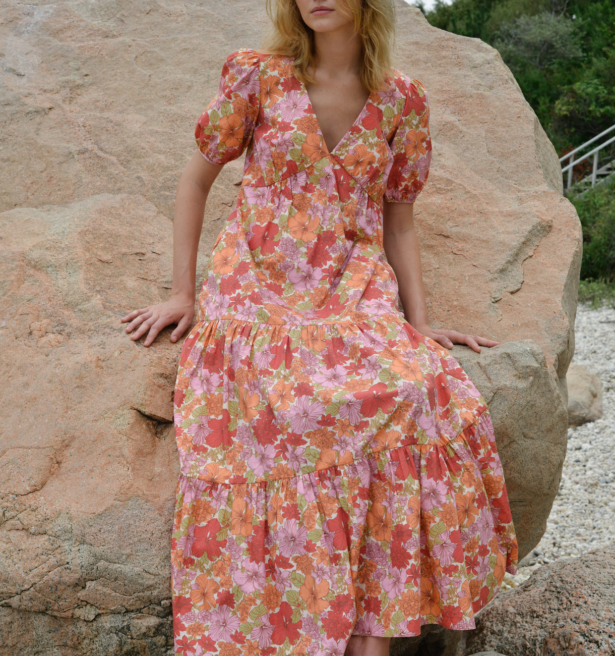 VNeck Dress in Warm Hibiscus