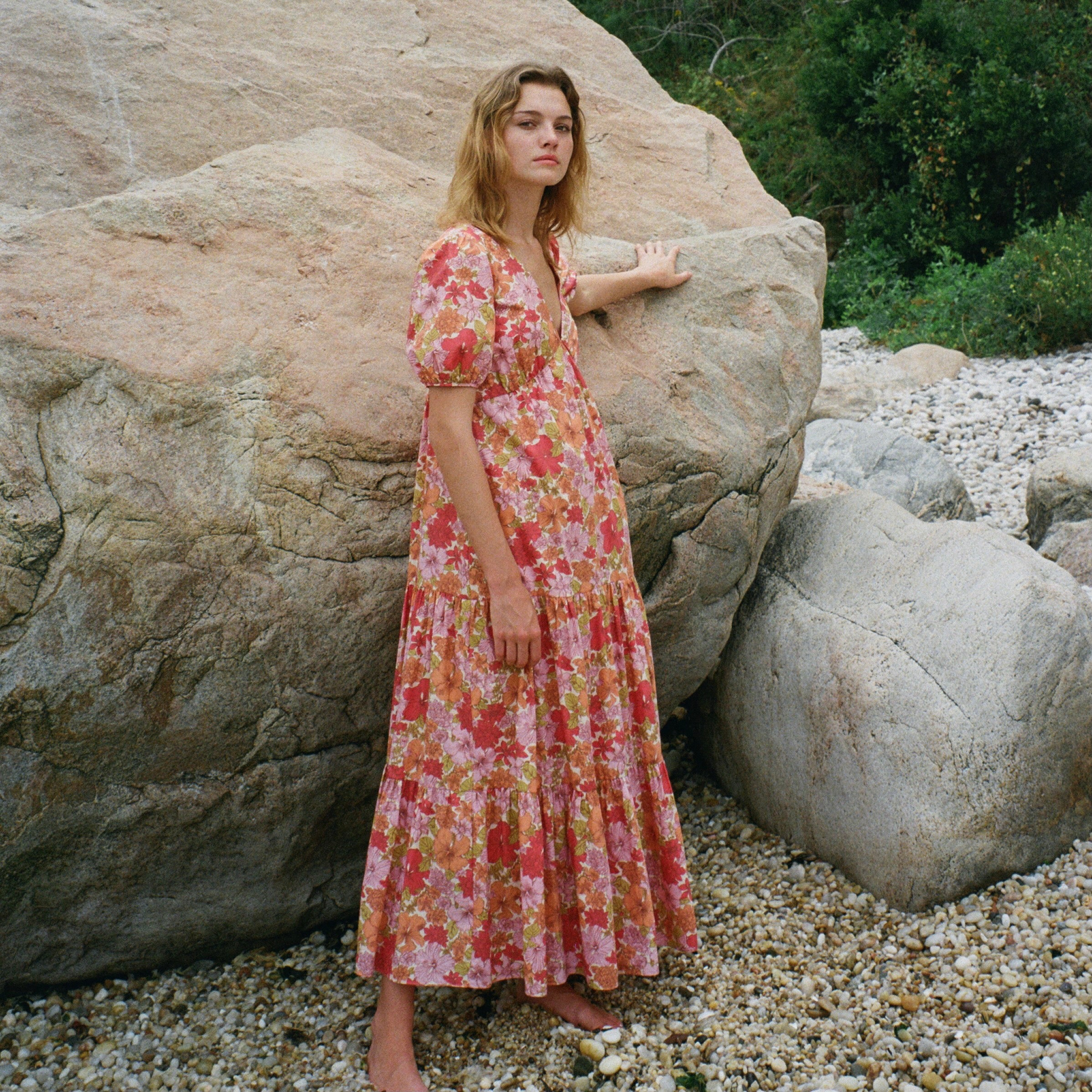 VNeck Dress in Warm Hibiscus