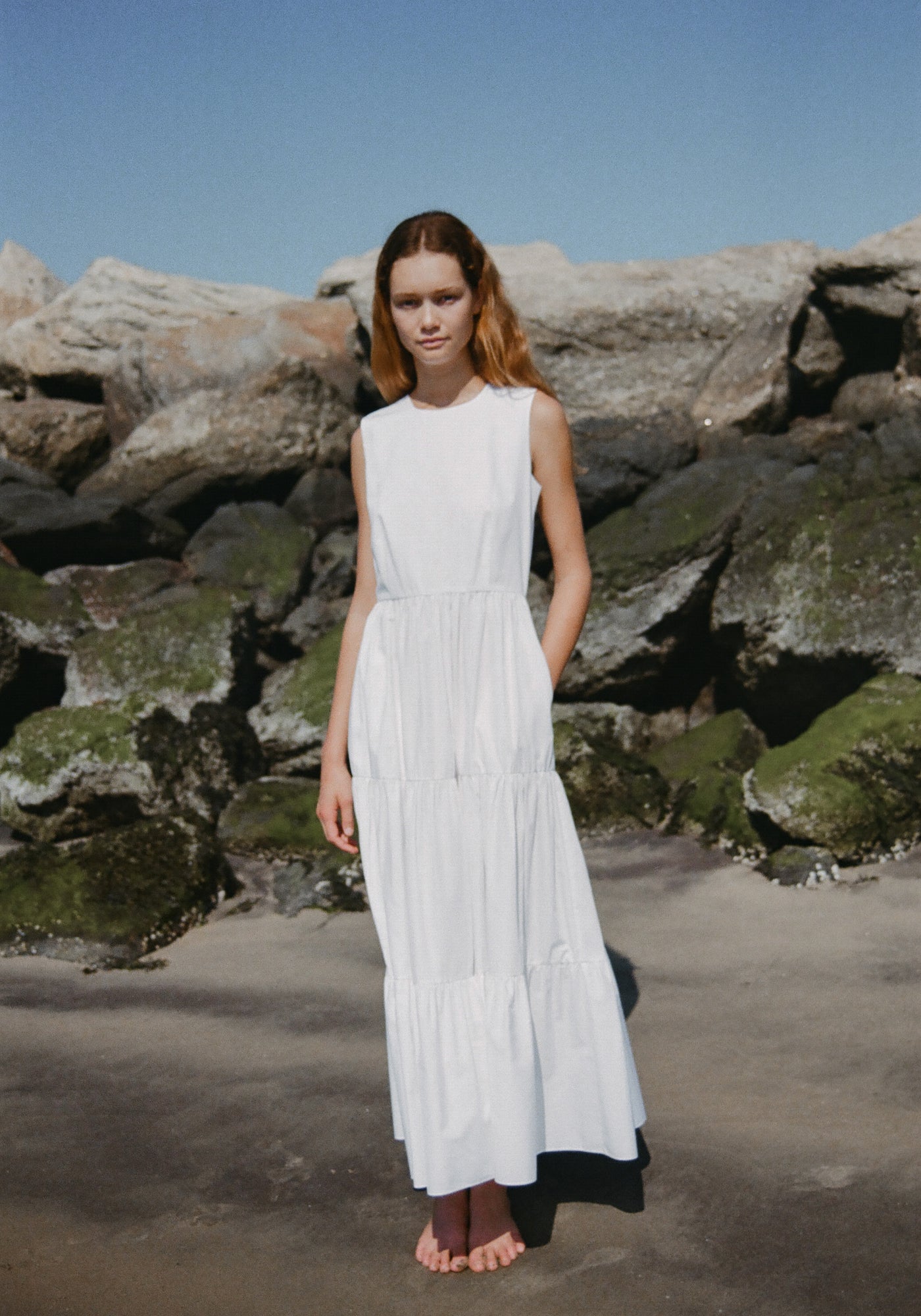 Round Neck Dress in White Poplin