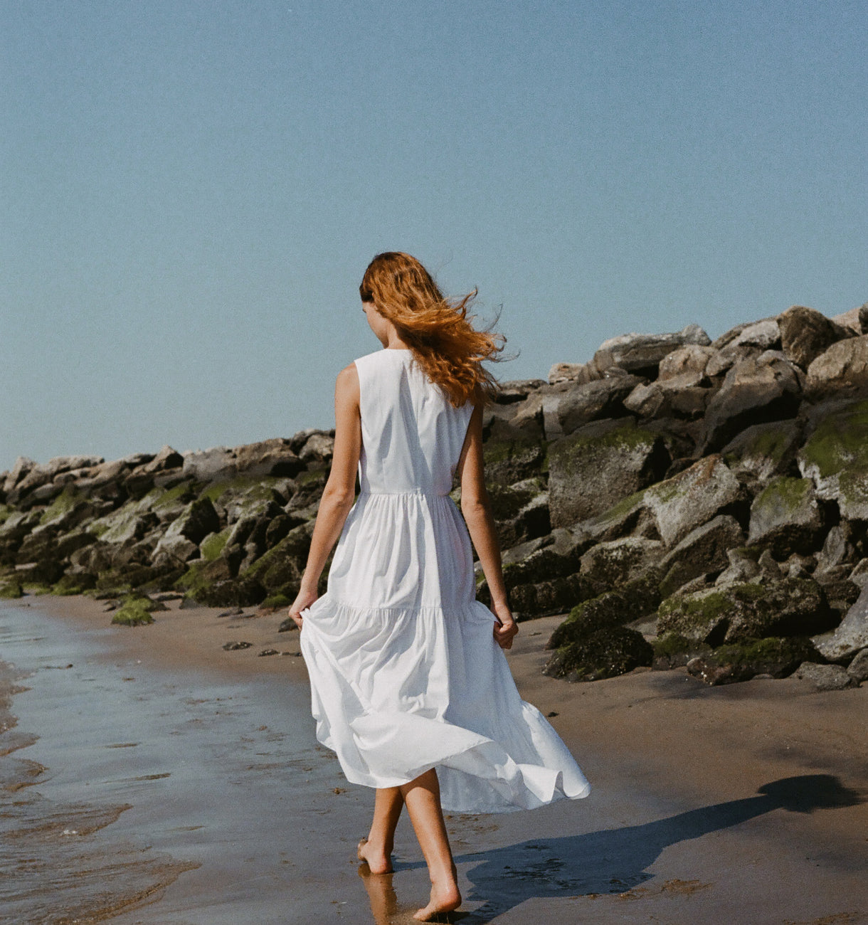 Round Neck Dress in White Poplin
