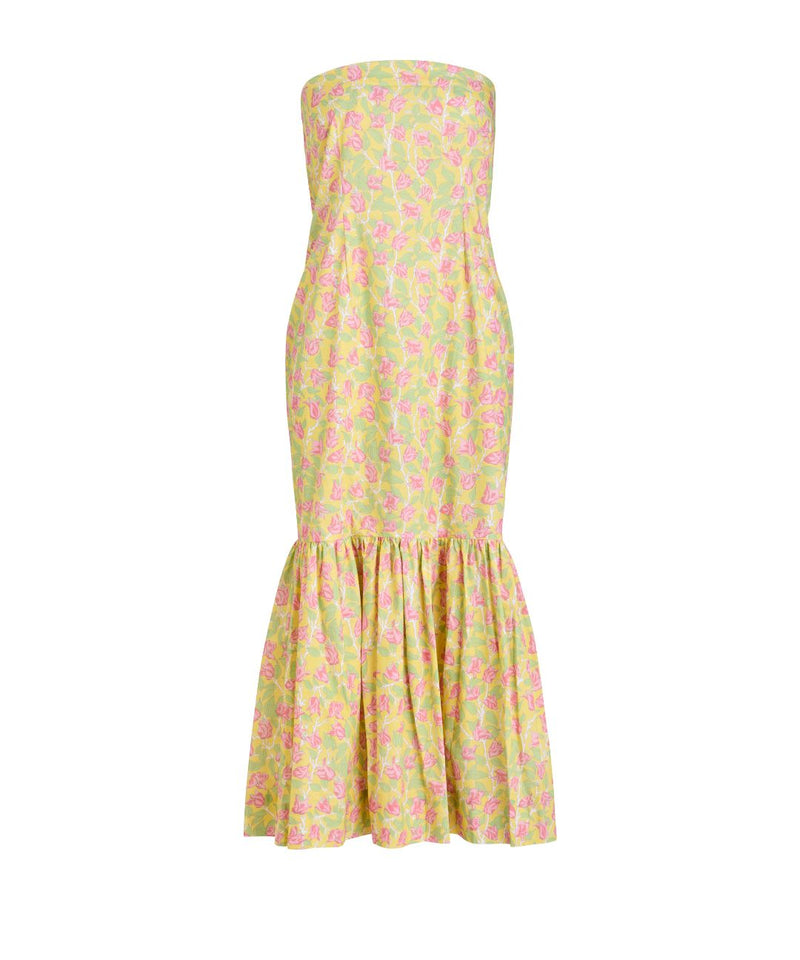 SAMPLE: Strapless Dress in Yellow with Pink Bougainvillea