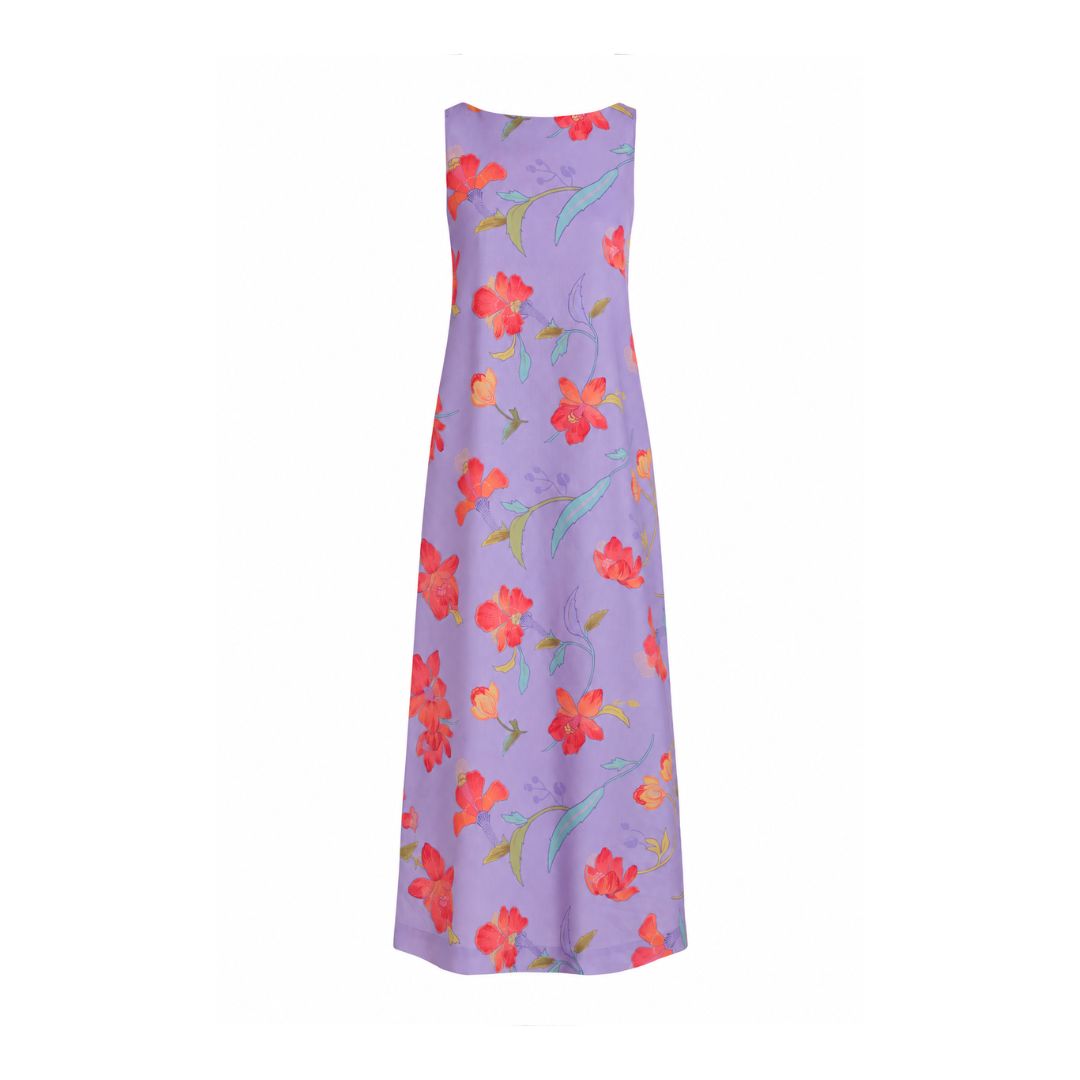 Pleated-Back Midi Dress in Violet Hibiscus