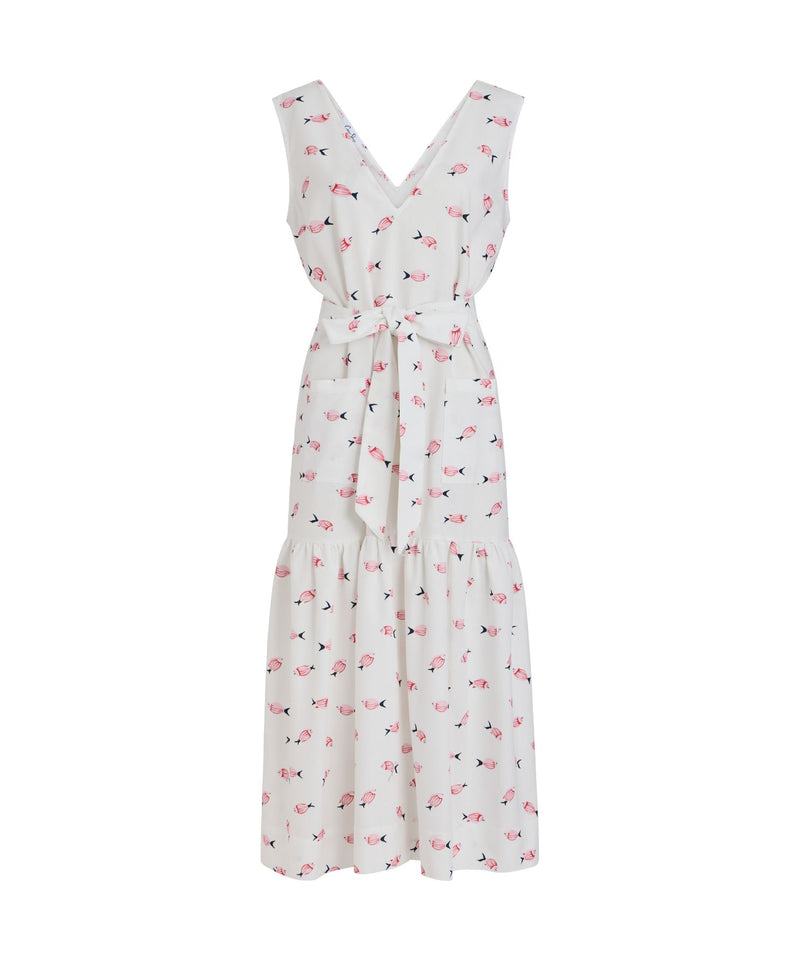 V-Neck Shift Dress with Belt in Vintage Pink Fish
