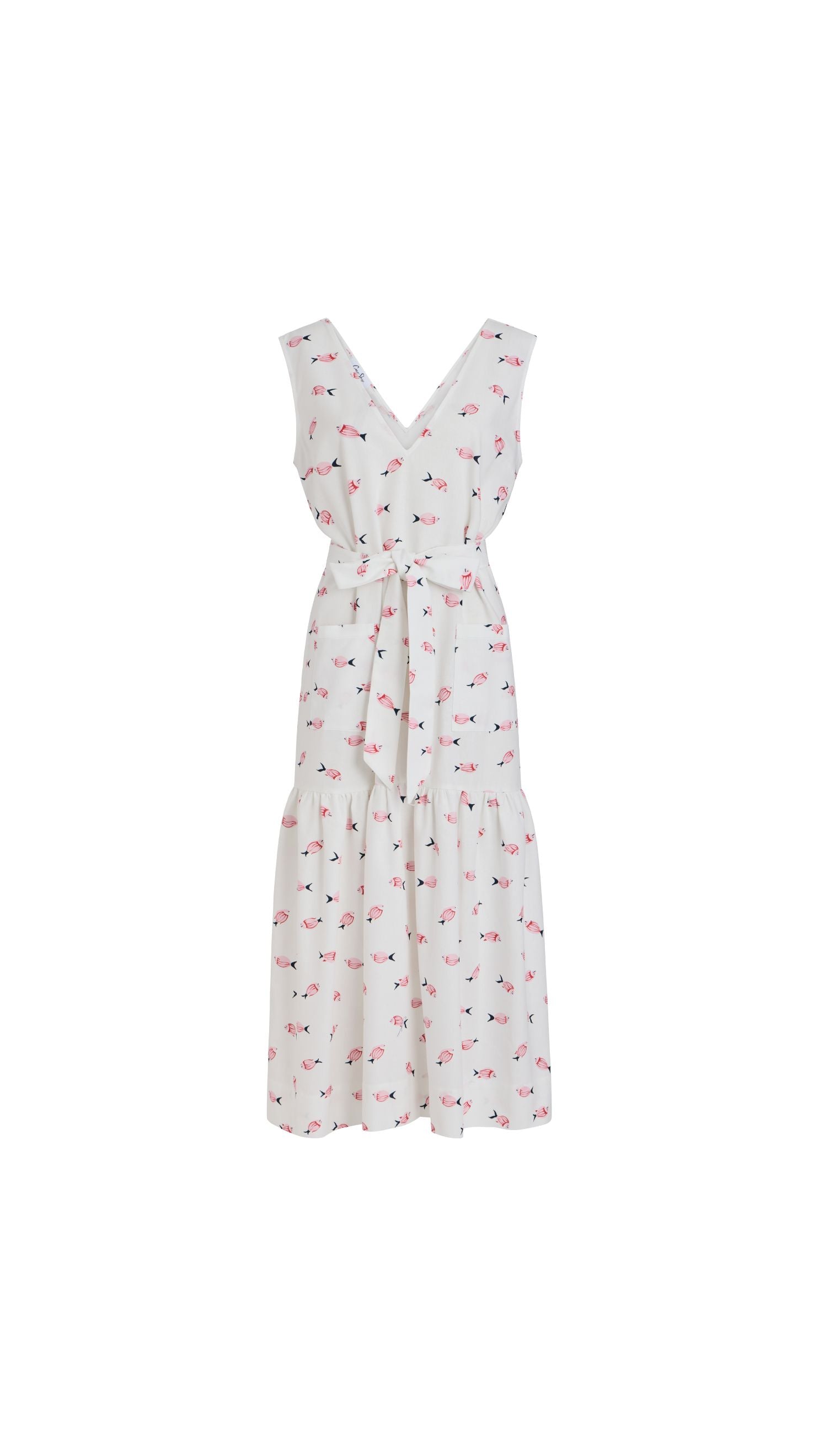 V-Neck Shift Dress with Belt in Vintage Pink Fish