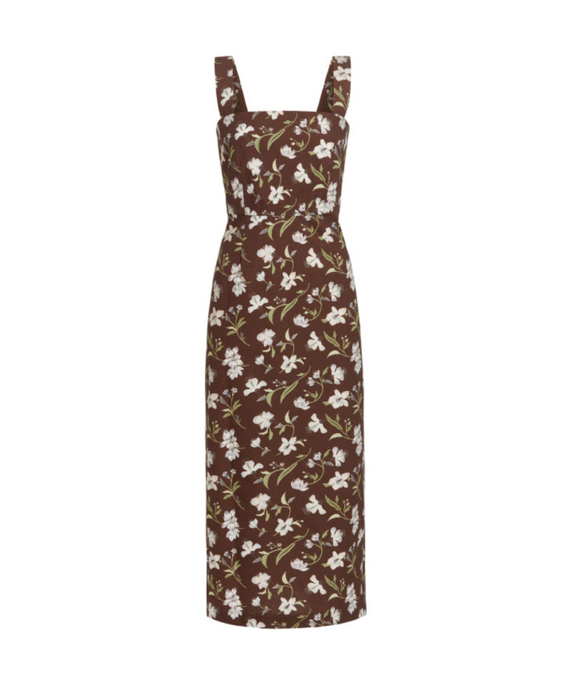 Long Slip Dress in Brown Hibiscus