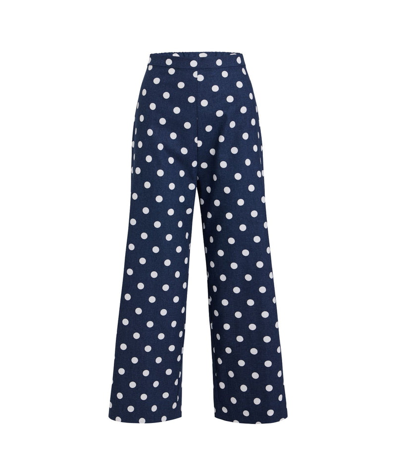 High-Waisted, Wide-Leg Pants in Navy Dot
