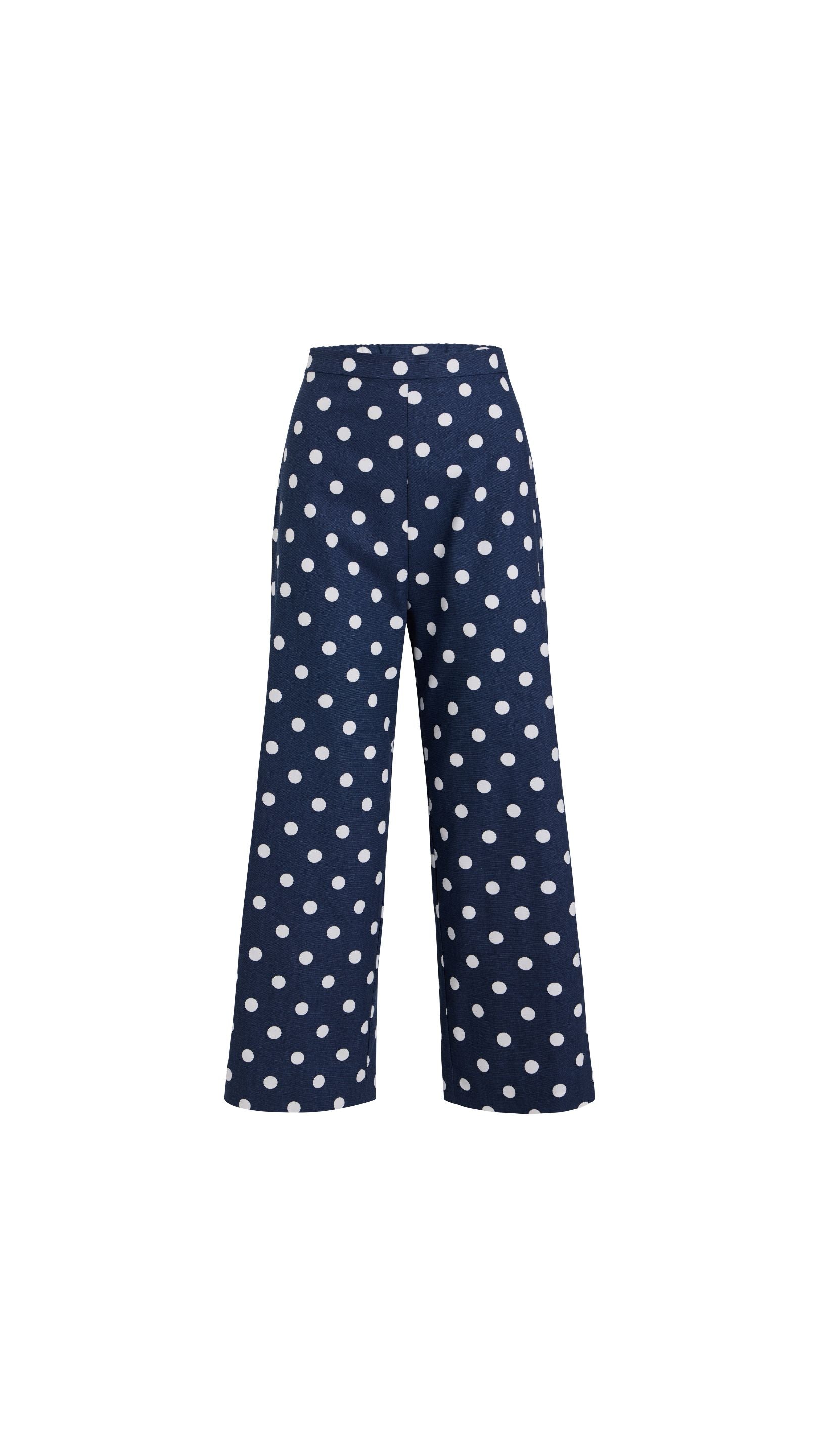 High-Waisted, Wide-Leg Pants in Navy Dot
