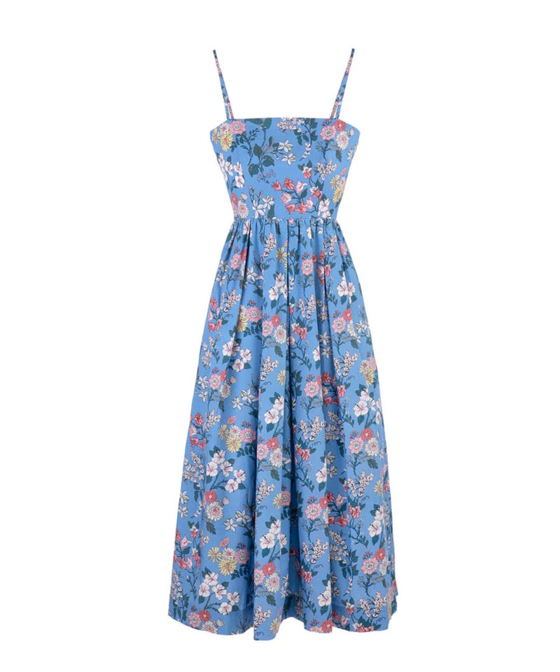 Skinny-Strap Poof Dress in Blue Multi Floral