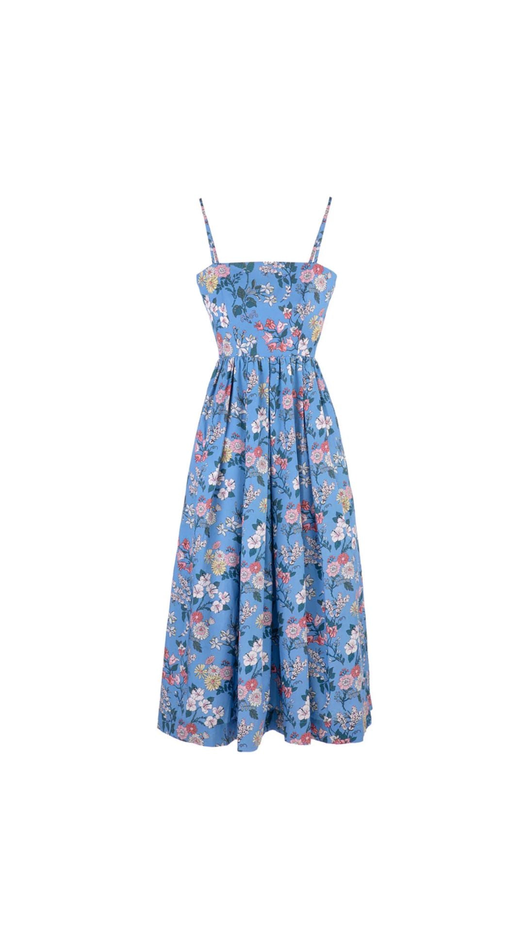 Skinny-Strap Poof Dress in Blue Multi Floral