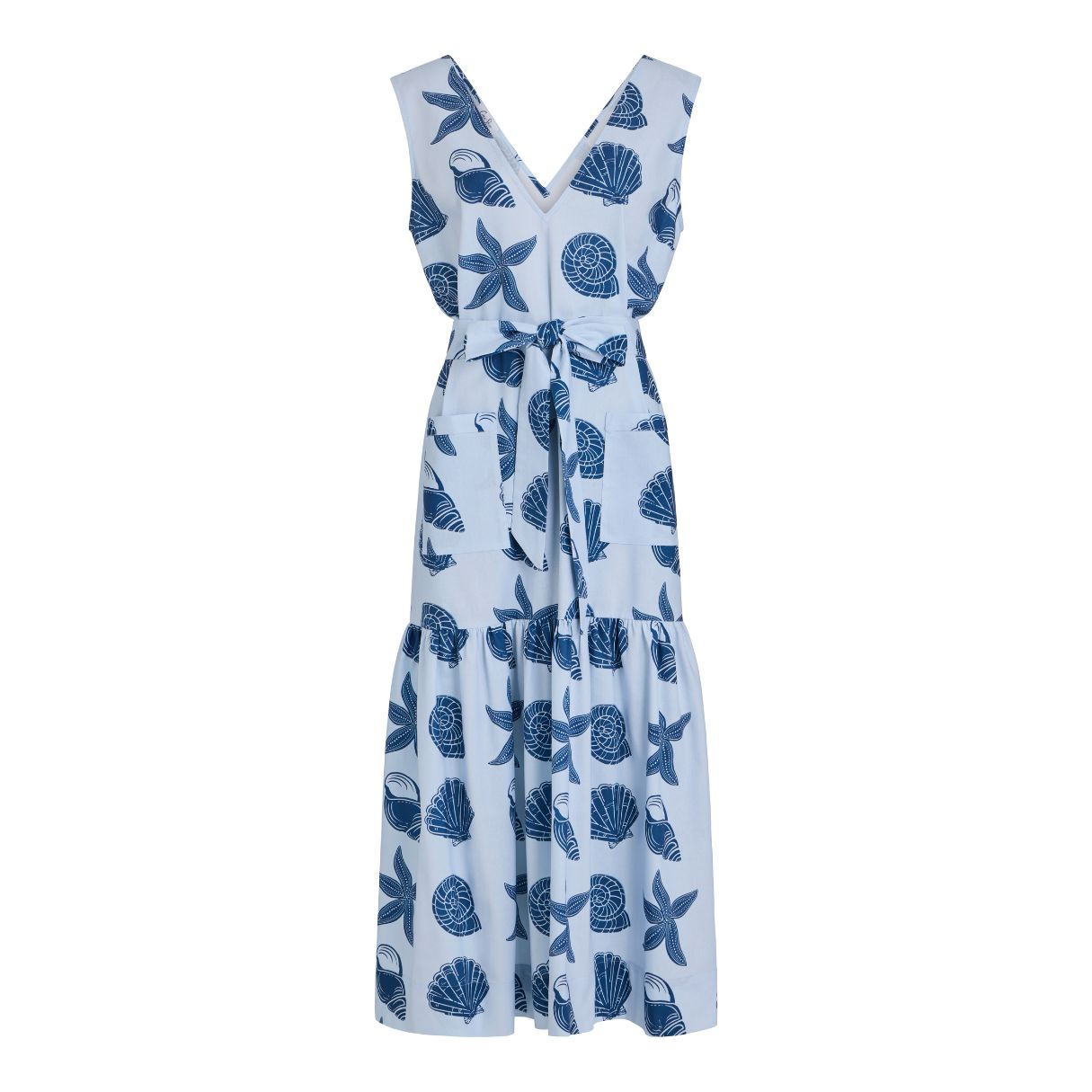 V-Neck Shift Dress with Belt in Blue Large Shell
