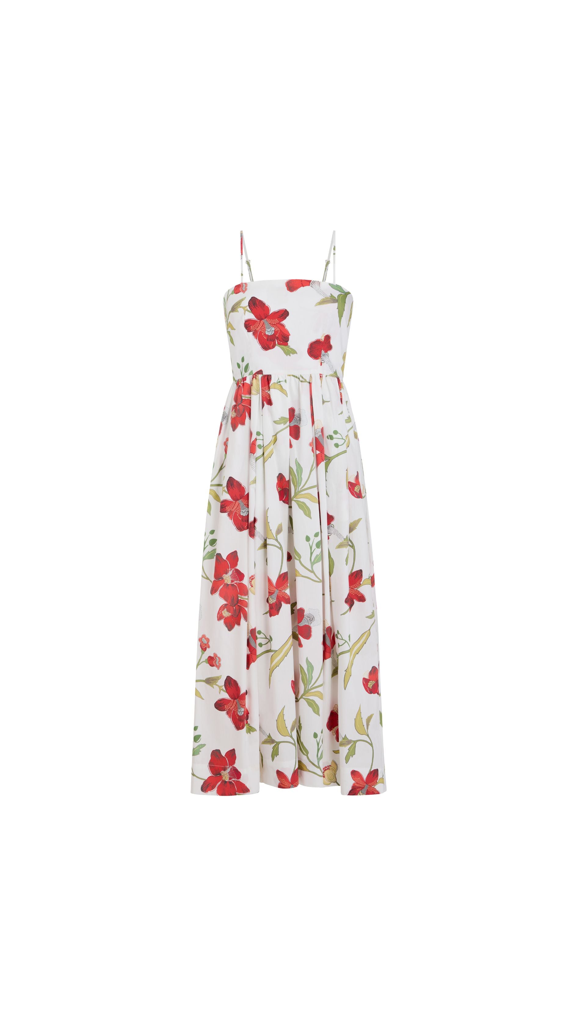 Skinny-Strap Poof Dress in Red Hibiscus