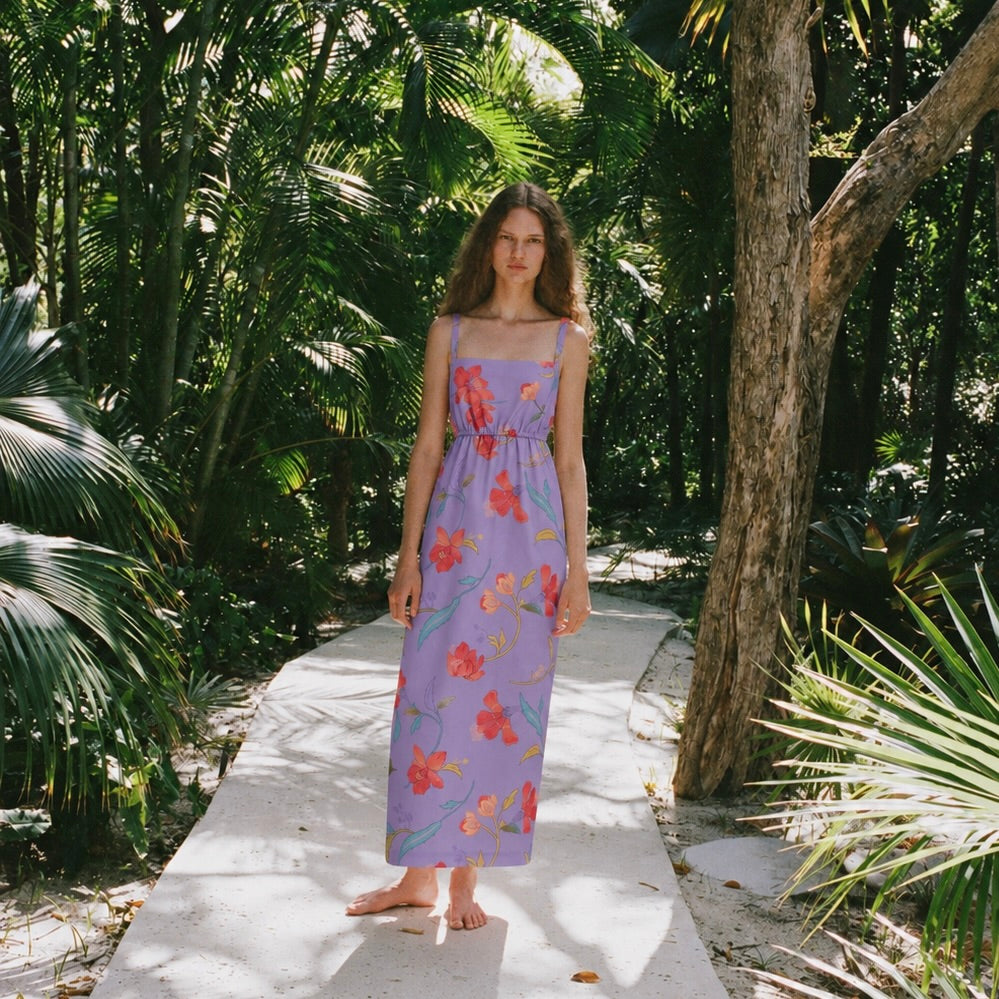 Cinched Slip Dress in Violet Hibiscus