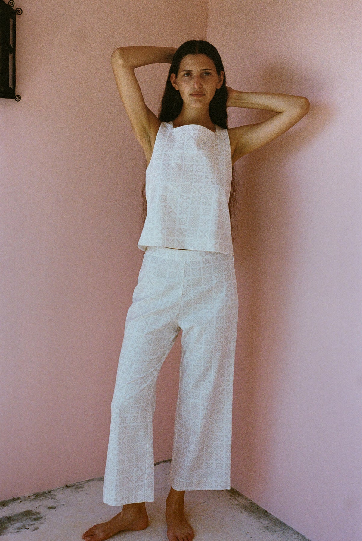 High-Waisted, Wide-Leg Pants in White with Beige Checkerboard