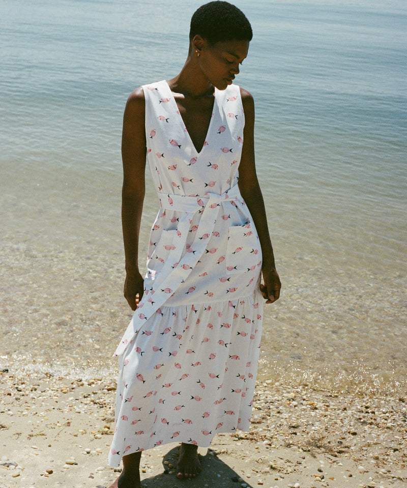 V-Neck Shift Dress with Belt in Vintage Pink Fish