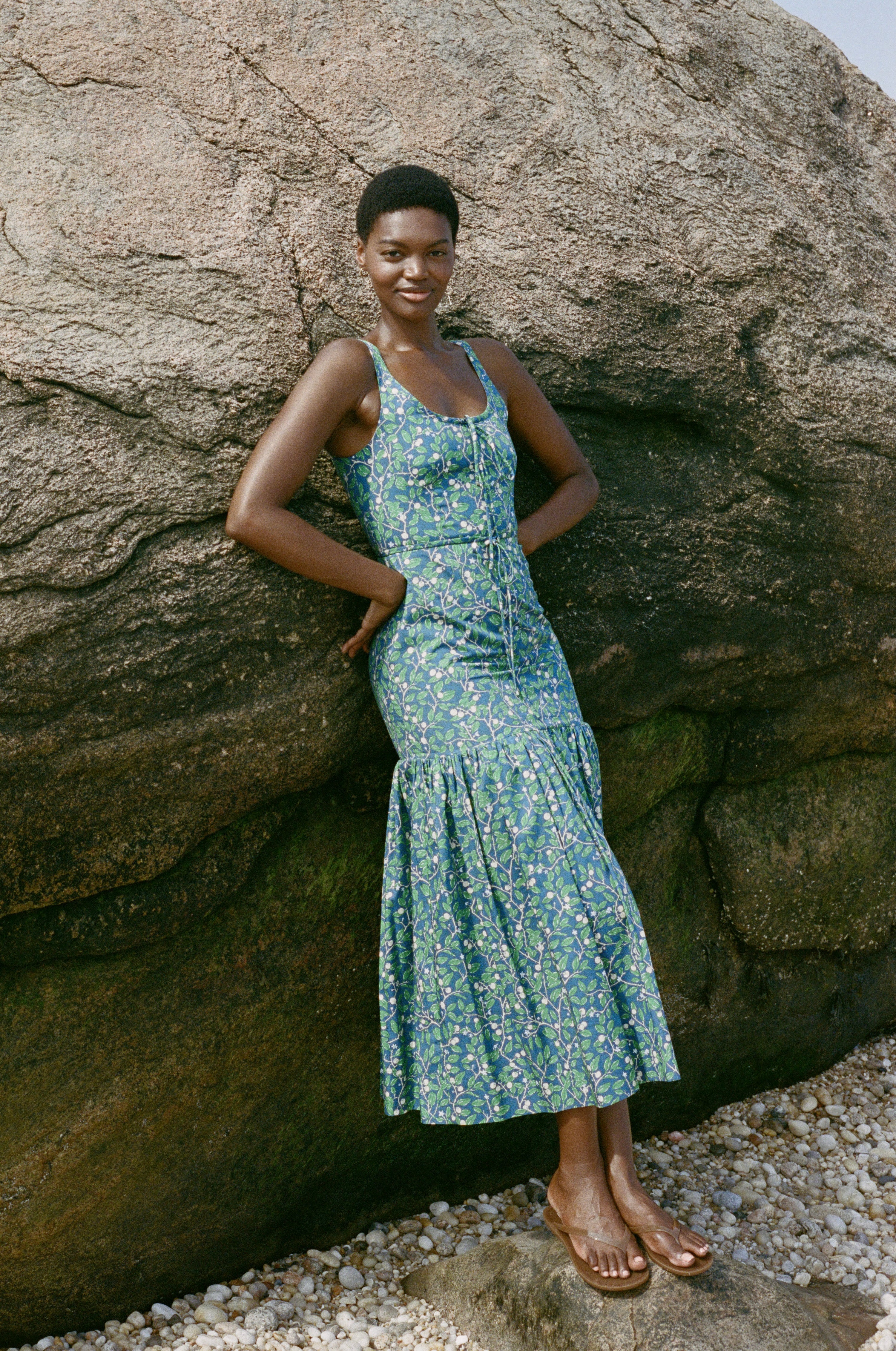 Double Drawstring Dress in Dark Blue Limes