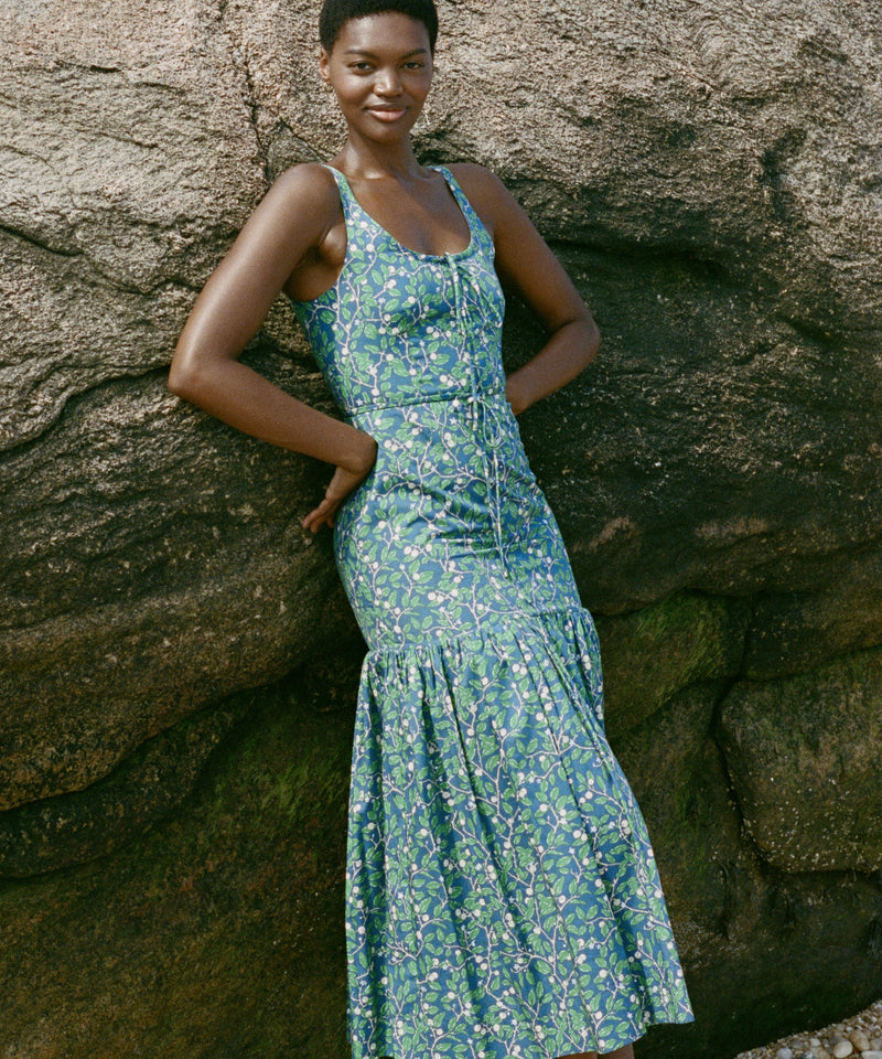 Double Drawstring Dress in Dark Blue Limes