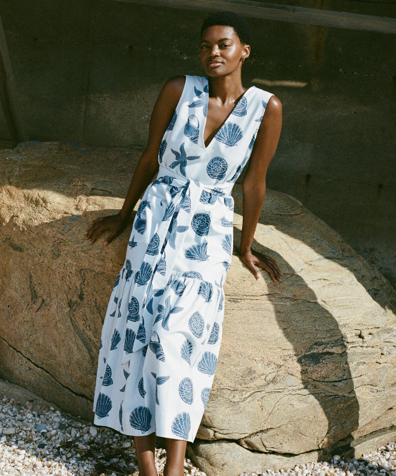 V-Neck Shift Dress with Belt in Blue Large Shell