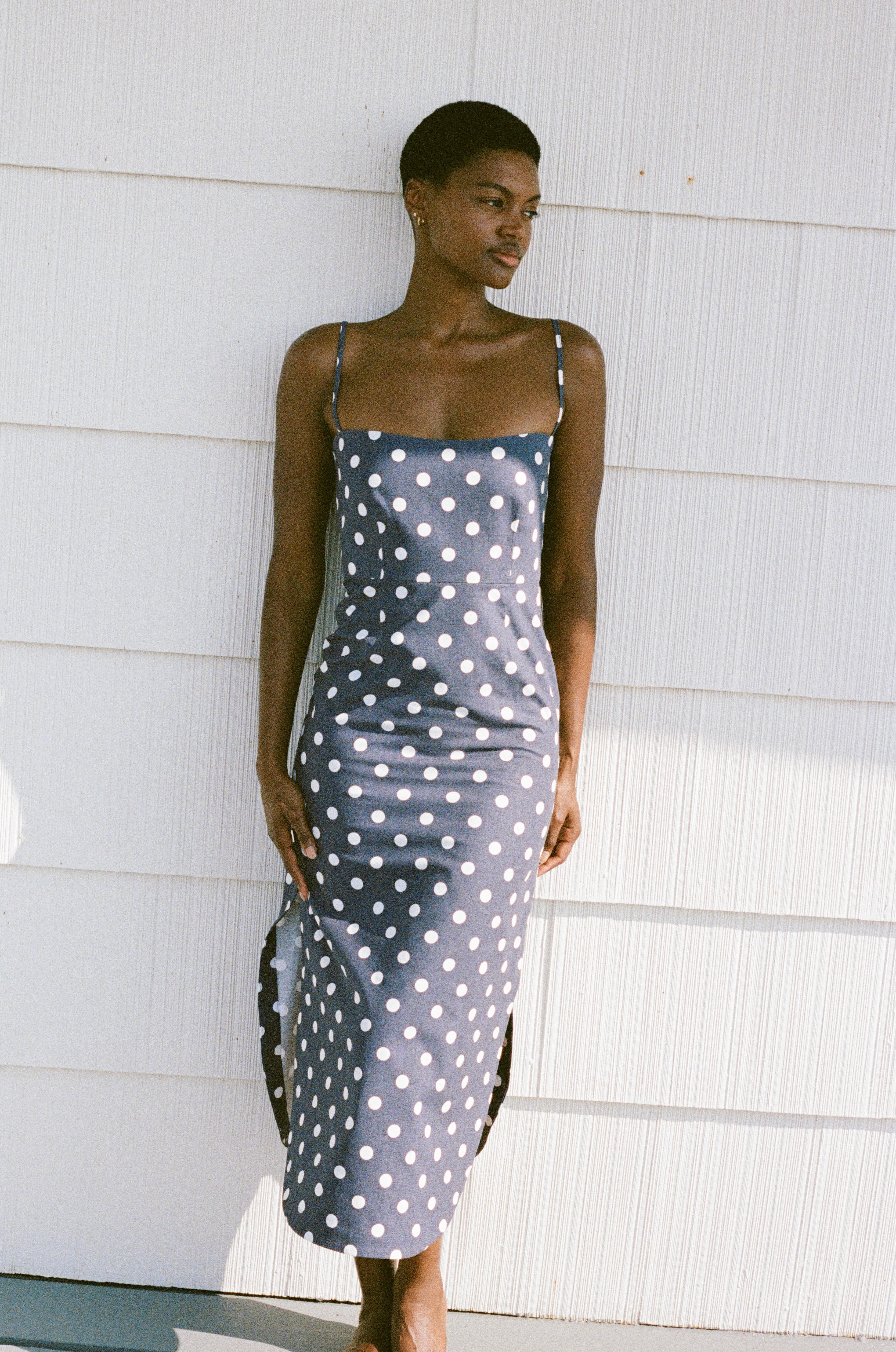 Curved-Hem Midi Dress in Navy Dot